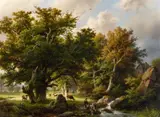Barend Cornelis Koekkoek, Landscape with Trees and Cows by a Stream, Oil on panel