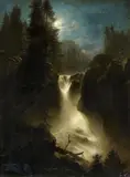 Oswald Achenbach, Moonlit Alpine Landscape, Oil on canvas (relined)