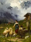 Ernst Adolph Meissner, Shepherdess at a Well, Oil on canvas