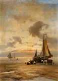 Johannes Herman Barend Koekkoek, Coastal Landscape at Evening with Fisherwomen and a Cart, Oil on panel