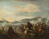 A Battle Scene by in the manner of Jan van Huchtenburgh, Oil on canvas (relined), sold Sep 2015