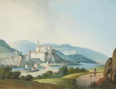attributed to Johann Lochmann, A Castle in a Mountainous Landscape, Gouache