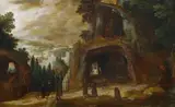Joos de Momper, Landscape with Monks by a Grotto, Oil on wood