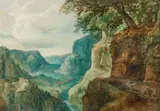 River Landscape with Traveller by in the manner of Joos de Momper, Oil on panel, offered Sep 2015