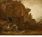 Netherlandish School 17th century, Landscape with Donkeys, a Horse and Travellers before Ancient Ruins