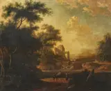 Southern Landscape with Ancient Ruins and Travellers by follower of Isaac de Moucheron, Oil on canvas (relined), offered Sep 2015