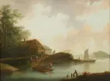 River Landscape with Merchants by Netherlandish School 18th century, Oil on canvas (relined), offered Sep 2015