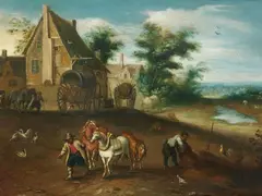 attributed to Adriaen van Stalbemt, Landscape with Peasants Working the Land, Oil on copper