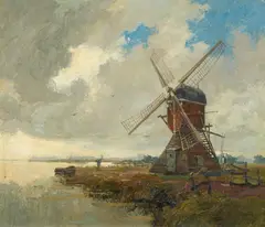 Cornelius Anton Bartels, Dutch Landscape with a Windmill by a Lake, Oil on canvas