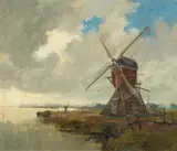 Cornelius Anton Bartels, Dutch Landscape with a Windmill by a Lake, Oil on canvas