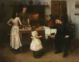 Frank Wright Bourdillon, Family Scene in a Kitchen, Oil on canvas