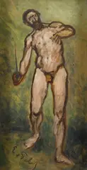 Eduard von Gebhardt, Male Nude with a Sword, Oil on paper, mounted on panel