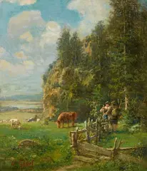 Gustav Graef, Summer Landscape with Shepherds and Ramblers, Oil on wood