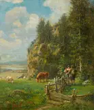Gustav Graef, Summer Landscape with Shepherds and Ramblers, Oil on wood