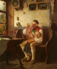 Friedrich Peter Hiddeman, Grandfather and Grandchild, Oil on canvas, laid down on card, mounted on the presumably original stretcher