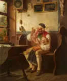 Friedrich Peter Hiddeman, Grandfather and Grandchild, Oil on canvas, laid down on card, mounted on the presumably original stretcher