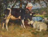 Julius Paul Junghanns, Young Girl Under a Tree With a Calf and Goats, Oil on canvas