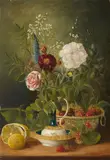Josef Lauer, Still Life with Flowers, Cherries and a Lemon, Oil on panel