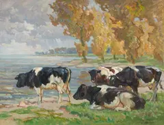 August Lüdecke-Cleve, Four Cows near Water, Oil on canvas