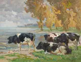 August Lüdecke-Cleve, Four Cows near Water, Oil on canvas