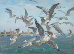 August Lüdecke-Cleve, Seagulls Flying over Emmerich, Oil on canvas