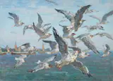 August Lüdecke-Cleve, Seagulls Flying over Emmerich, Oil on canvas