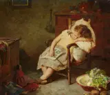 John Seymour Lucas, Interior with a Sleeping Child, Oil on paper, mounted on canvas