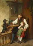 Felix Schlesinger, Rustic Interior with Grandfather, Granddaughter and Dog