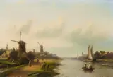 Jan Jacob Coenraad Spohler, Dutch River Landscape with Windmills, Oil on canvas