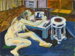 Norbert Tadeusz, Ohne Titel (Weiblicher Akt vor Fernseher, blau), 1970, Öl auf Leinwand