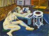 Norbert Tadeusz, Ohne Titel (Weiblicher Akt vor Fernseher, blau)