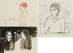 Stephanie Dost, Ohne Titel (Auf der Fähre), "Promenade" und "im Atelier" (3-teiliges Konvolut), 2009, Tusche bzw. Grafit auf Papier