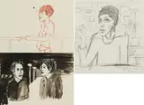 Stephanie Dost, Ohne Titel (Auf der Fähre), "Promenade" und "im Atelier" (3-teiliges Konvolut), 2009, Tusche bzw. Grafit auf Papier