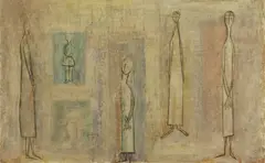 Frances Richards, Standing Figures, egg tempera and gesso on board