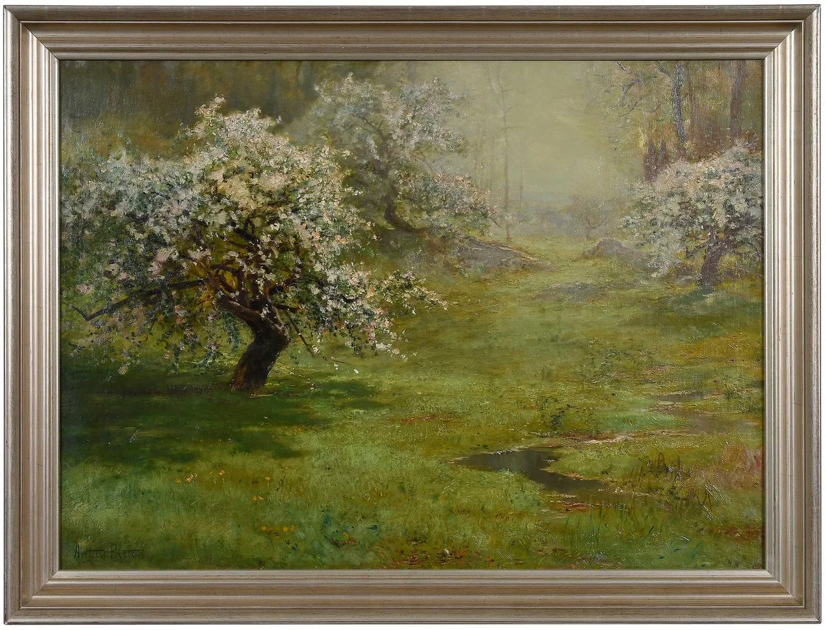 Apple Trees in Springtime by Arthur Parton, oil on canvas, sold Nov 2025