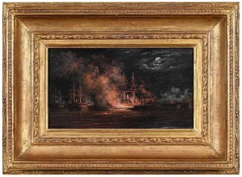 Xanthus Russell Smith, C.S.S. Manassas & U.S.S. Hartford in New Orleans Harbor, oil on paper