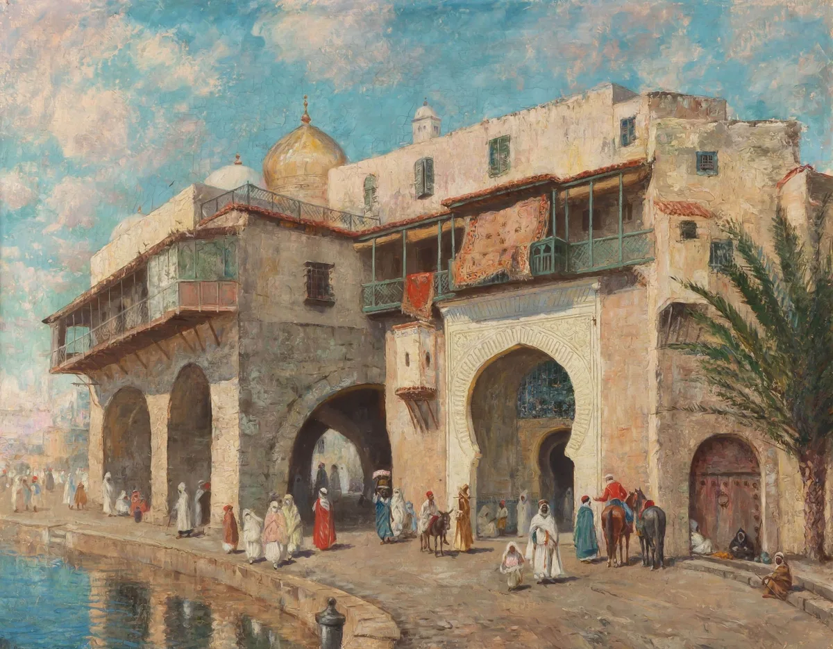 Addison Thomas Millar, Persian Street Scene with Mosque, Oil on canvas