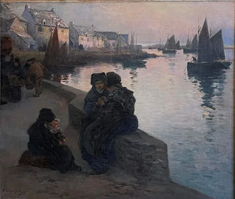 Fernand Legout-Gérard, Harbor Scene with Women and Children, Oil on canvas laid on board