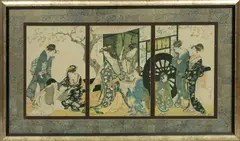 Kitagawa Utamaro, Parody of an Imperial Carriage Scene, circa 2000, Triptych Print on Paper