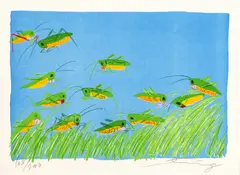 Untitled by Walasse Ting, Lithograph in Colors on Wove Paper, "Busy Bodies Grasshoppers", sold Nov 2024