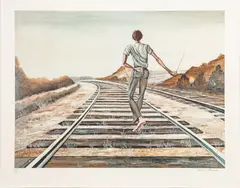 Untitled by Ernie Barnes, Offset Lithograph in Colors on Wove Paper, 1979, "Destination Unknown", sold Nov 2024