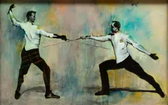 Bowen Kline, Untitled, Oil on Board, Ca. 2013, "A Duel to the Death"