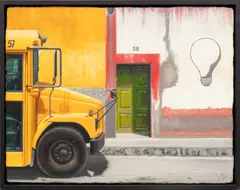 Mel Rosas, Untitled, Oil on Panel, 2008, "Que Es Mas Macho, Light Bulb or School Bus?"