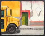 Mel Rosas, Untitled, Oil on Panel, 2008, "Que Es Mas Macho, Light Bulb or School Bus?"