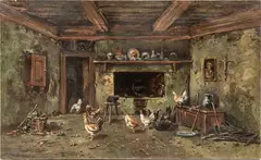 Andrew Melrose, Untitled, Oil on Canvas, Ca. 1900, "Interior with Chickens"