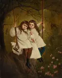 R. Wolters, Untitled, Oil on Canvas, Ca. 19th C., "Siblings on a Swing"