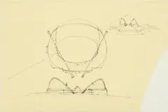 Arata Isozaki, Untitled, 1983, Ink on Yellow Tracing Paper Barcelona Sports Hall