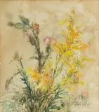 Yoko Moro Kaneko, Untitled, Watercolor on Paper, Ca. 1970s, "Thistles And Ambrosia"