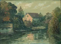 Untitled by Caesare Ricciardi, Oil on Board "Cottage by a River", sold Nov 2024