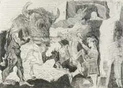 Alfred Hrdlicka, Tauromachie (from the series "Hommage a Picasso II"), 1973, etching on laid paper; framed
